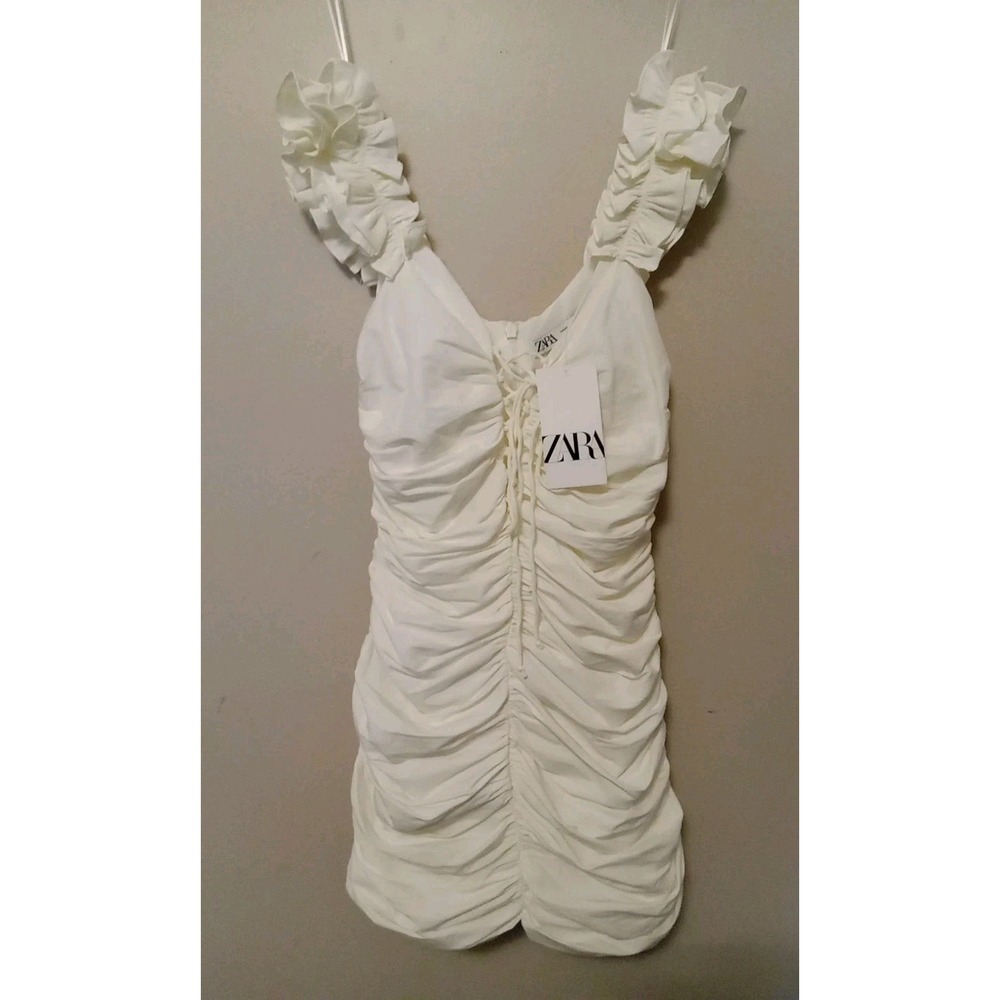 Zara women Ivory Ruffled‎ Strap Draped Zip Fitting Tie Mini Dress Size XS